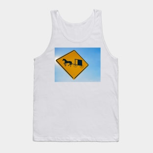 Amish traditional horse and buggy road sign yellow on blue background Tank Top